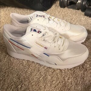 Reebok Classic White Sneakers with Red and Blue Stripes